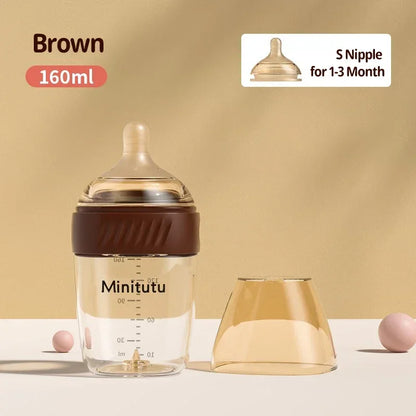 Glass Baby Feeding Bottle, Borosilicate Milk Bottle with Silicone Nipple and Bottom Air Return Valve, 80 mL, 160 mL and 240 mL Infant Options