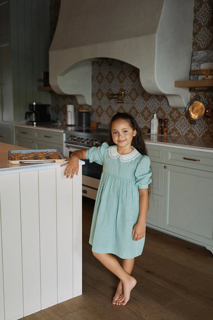 Sage Green Gingham Kids Outfits with Cotton Girls Dress and Baby Romper Options, Lyocell Knit Layers and Boys Separates for Sibling Family Photos