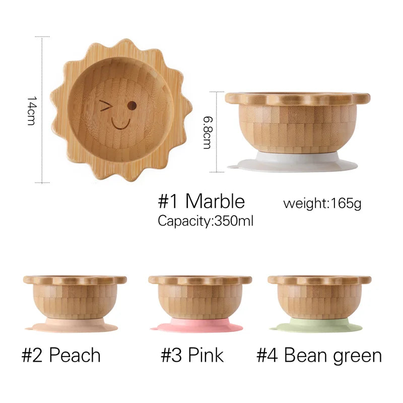 Bamboo Baby Suction Bowl and Tableware Options, Sun, Cloud and Dinosaur Designs with Single-Piece or 3-Piece Wooden-Handle Utensil Sets