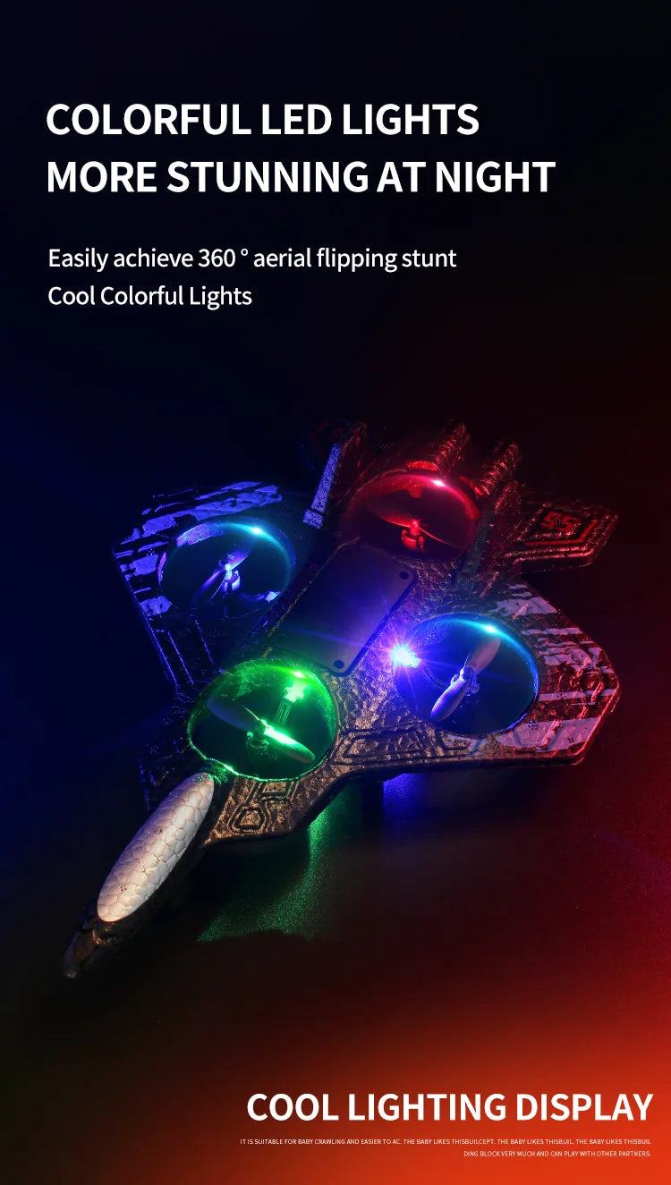 RC Fighter Drone with Lights, 2.4GHz Remote Control Foam Quadcopter in Red or Blue, Approx. 10-Minute Flight Time for Aviation Hobby Play