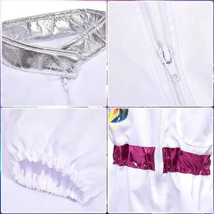 Space Explorer Costume for Kids with White Astronaut Jumpsuit, Space-Themed Patches and Metallic Trim Options for Halloween and Birthday Parties