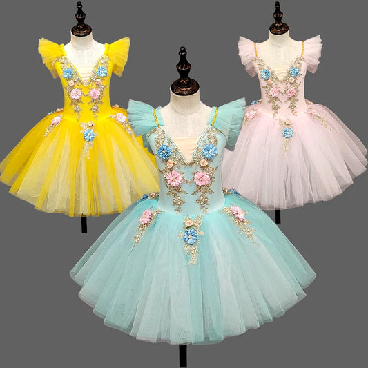 Floral Girls Ballet Tutu Dress with Ruffled Shoulders and Layered Skirt for Dance Recitals, Stage Performances and Group Costumes, Sizes 110-160