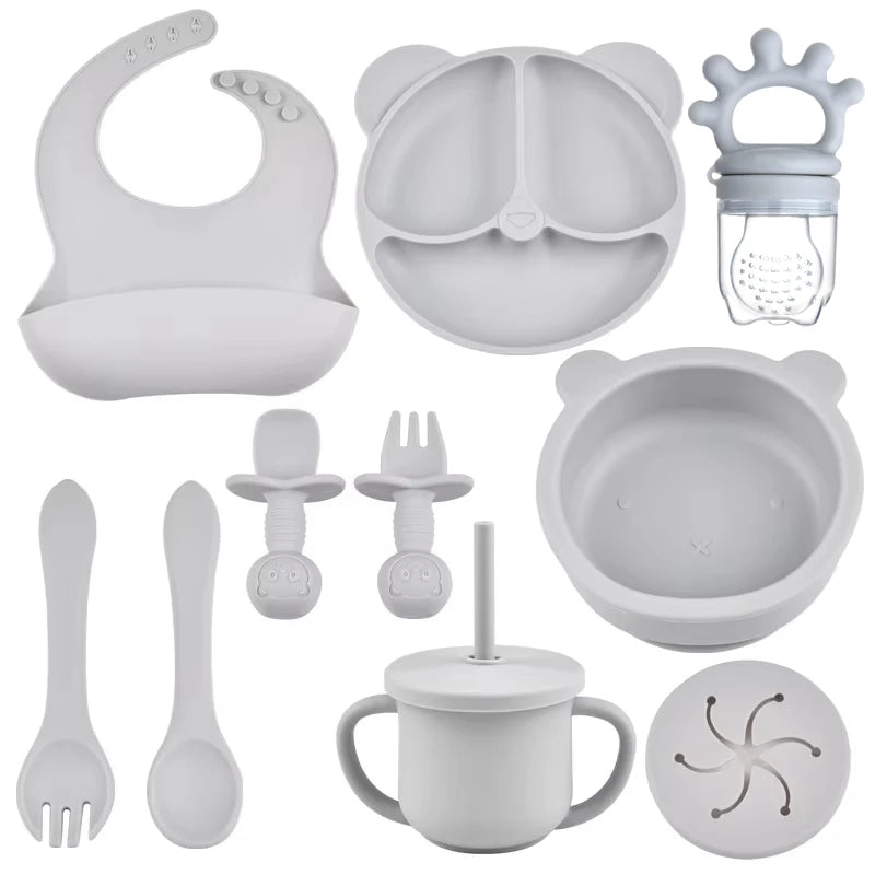 Silicone Suction Feeding Set, 10-Piece Panda Baby Tableware with Divided Plate, Bowl, Pocket Bib, Straw Cup and Two Utensil Pairs in Nine Colors