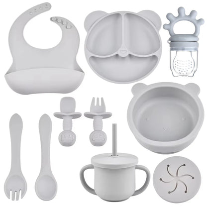 Silicone Suction Feeding Set, 10-Piece Panda Baby Tableware with Divided Plate, Bowl, Pocket Bib, Straw Cup and Two Utensil Pairs in Nine Colors