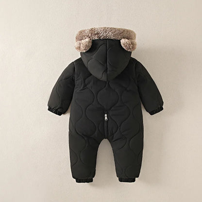 Baby Quilted Hooded Jumpsuit with Bear Ears, Plush-Look Hood Trim and Front Zipper, Long Sleeve Winter One-Piece Clothing for Infants and Toddlers
