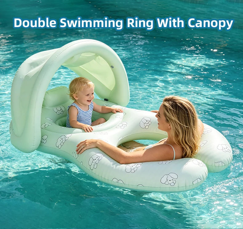 Parent-Child Double-Seat Inflatable Pool Float with Sun Canopy, Two-Seat Swim Ring for Supervised Family Water Play, WDF0752 or WDF0753