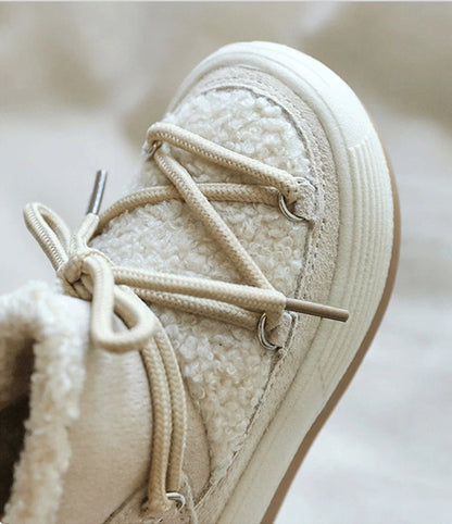Toddler Plush Panel Lace-Up Boots with Rubber Soles and Cozy Cuffs, Beige, Black or Pink Winter Ankle Shoes for Boys and Girls, 12-15.5 cm Insoles