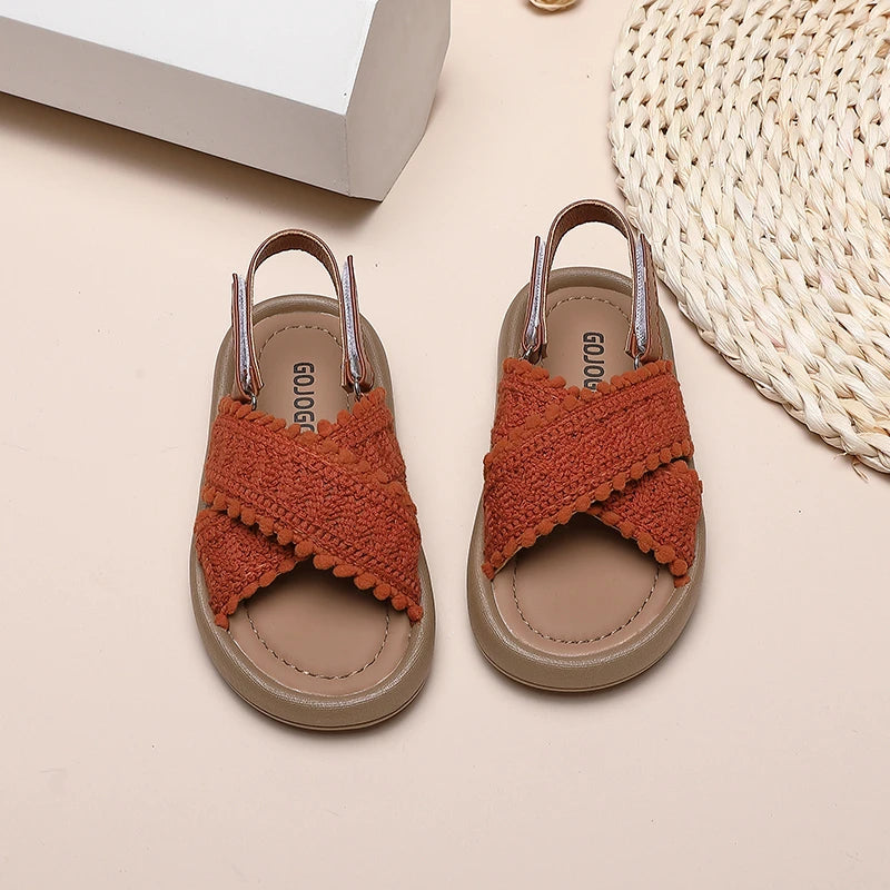 Girls Cross Strap Sandals with Textured Trim and Open Toe Design, Brown or Beige Retro Summer Shoes for Casual Outfits and Vacation Photos