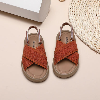 Girls Cross Strap Sandals with Textured Trim and Open Toe Design, Brown or Beige Retro Summer Shoes for Casual Outfits and Vacation Photos