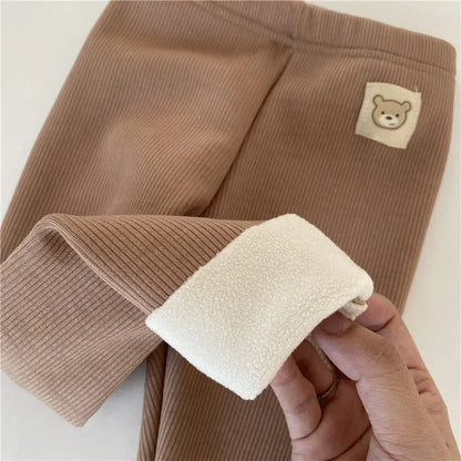 Ribbed Toddler Fleece Lined Pants with Bear Patch, Elastic Waist Pull-On Winter Trousers for Boys and Girls, Listed Sizes 12M to 6T
