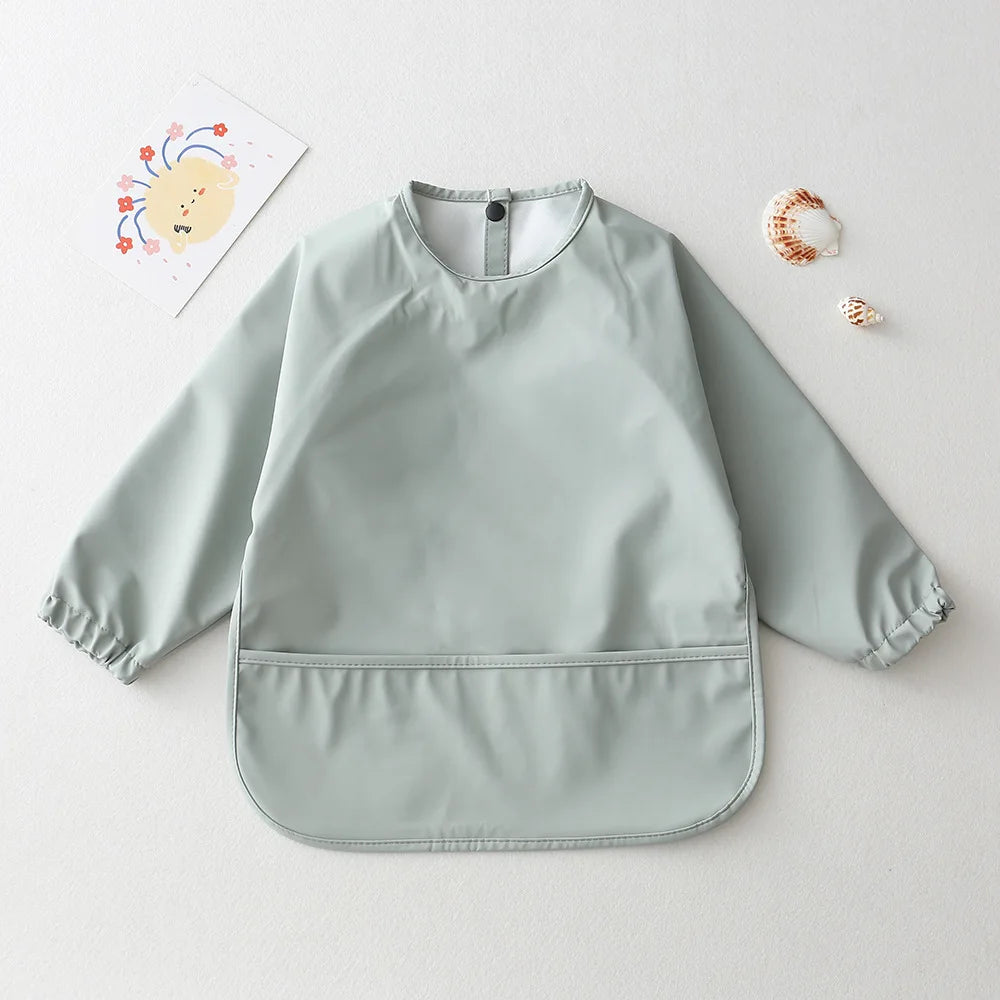 Long Sleeve Feeding Bib for Babies and Toddlers, Solid Color Polyester Mealtime Apron with Front Pocket for Snacks and Messy Art Play