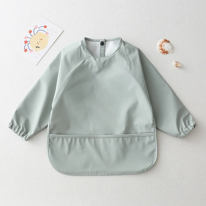 Long Sleeve Feeding Bib for Babies and Toddlers, Solid Color Polyester Mealtime Apron with Front Pocket for Snacks and Messy Art Play