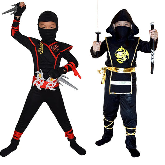 Kids Ninja Dress-Up Costume with Hooded Top, Pants and Toy Accessories, Polyester Halloween Party Outfit for Pretend Play, Sizes S-XL