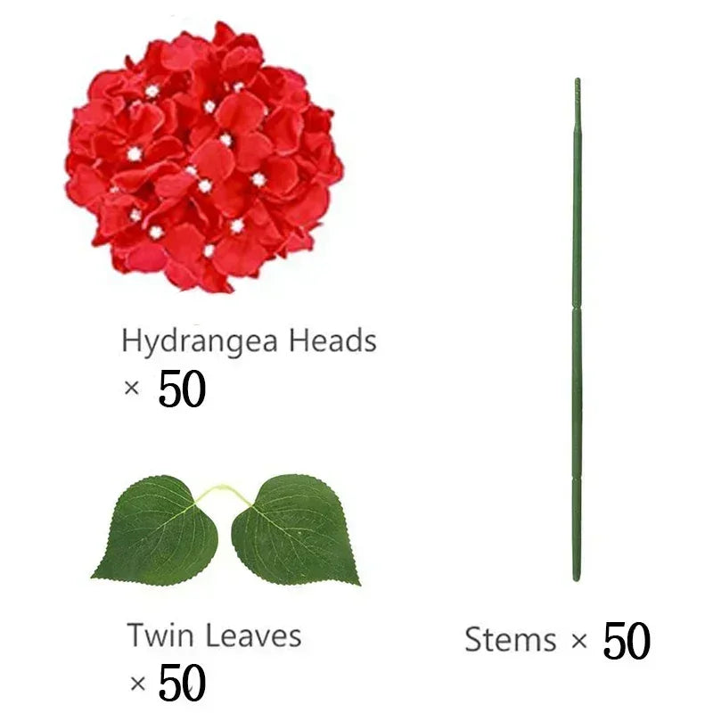 Artificial Hydrangea Flower Heads, 50-Piece Silk-Fabric Floral Set with Stem or Leaf Options for DIY Wedding Centerpieces, Baby Showers and Home Decor