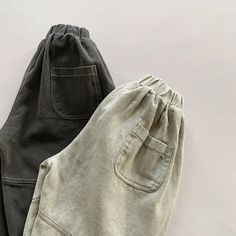 Toddler Wide Leg Pants with Elastic Waist and Stitched Patch Pockets, Apricot or Dark Gray Casual Harem Trousers for Boys and Girls, 12M–6T