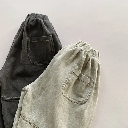 Toddler Wide Leg Pants with Elastic Waist and Stitched Patch Pockets, Apricot or Dark Gray Casual Harem Trousers for Boys and Girls, 12M–6T