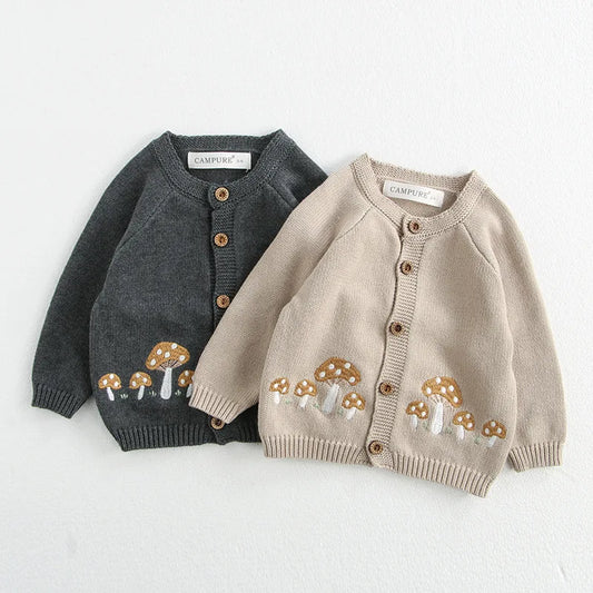 Mushroom Embroidered Baby Cardigan and Knit Bodysuit Options in Beige or Grey, Button-Front Sweater for Infant and Toddler Fall Outfits, 3M-3Y