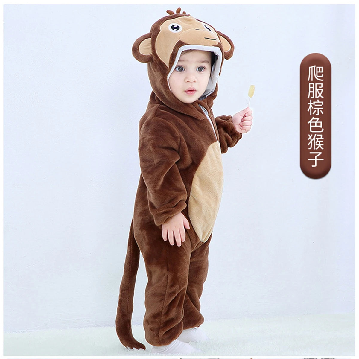 Baby Animal Hooded Costume Jumpsuit with Flannel Styling, Duck, Rabbit, Leopard and More Dress-Up Options for Boys and Girls, Sizes 70-120
