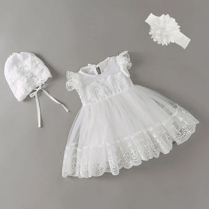 Baby Baptism Gown for Girls with Long Sleeves, Lace Details and Cotton Lining, Dress and Cap Set for Christening and First Birthday Photos