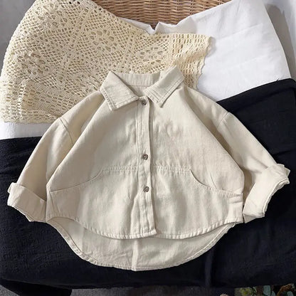 Baby and Toddler Collared Button-Up Shirt with Long Sleeves and Chest Pocket, Beige or Brown Unisex Casual Top for Spring and Fall Family Outfits
