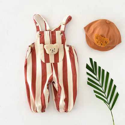 Baby Bear Patch Overalls with Red Stripe or Beige MINI Print, Button Shoulder Straps and Snap Legs, Loose-Fit Infant Jumpsuit for Boys and Girls