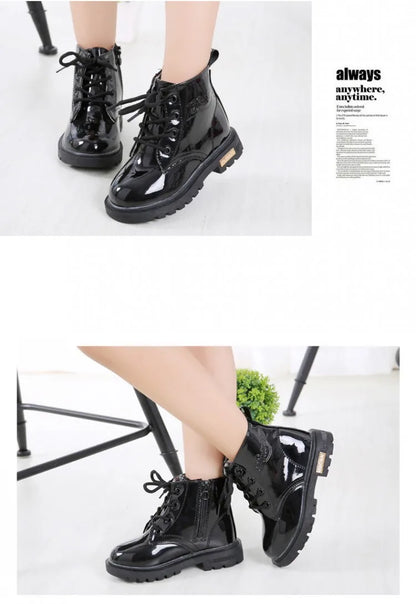 Kids Lace-Up Ankle Boots in PU Leather, Glossy Fashion Shoes for Boys and Girls with Black Soles, Five Colors and Sizes 21–37 for Spring and Fall