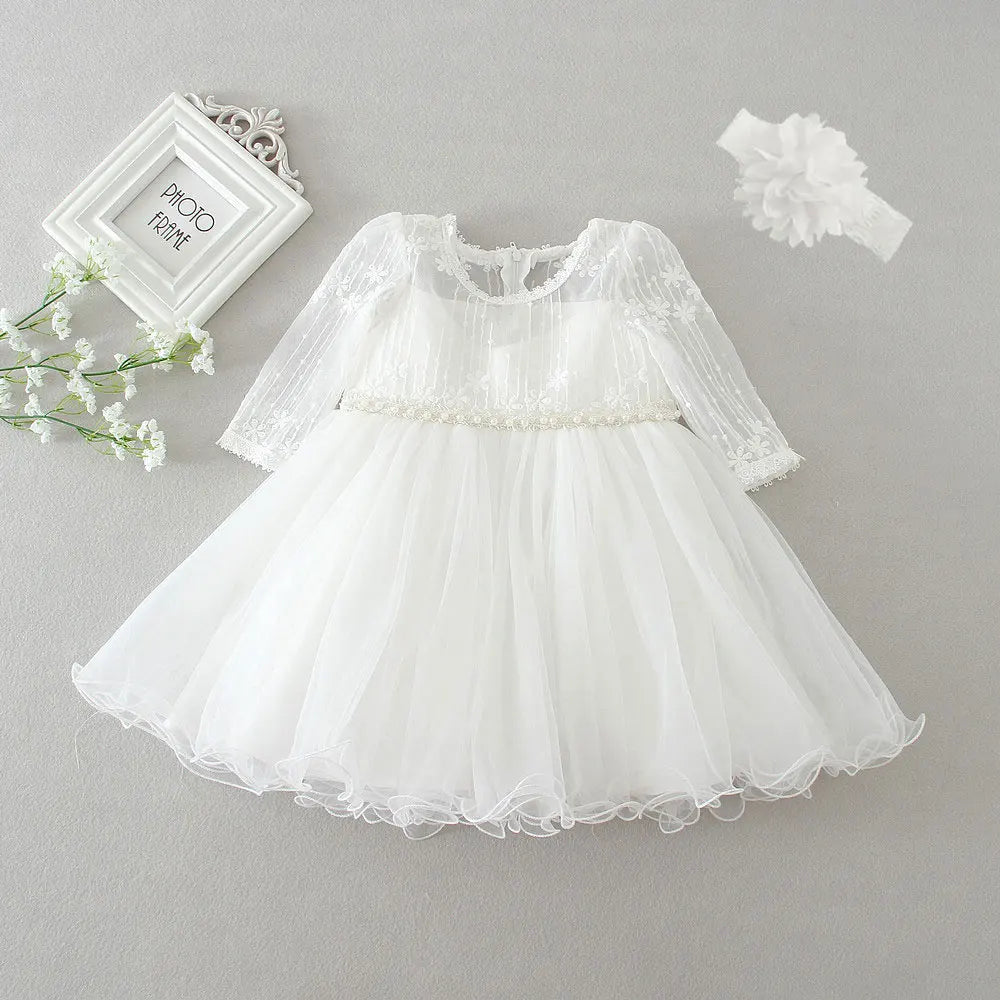 Baby Baptism Gown for Girls with Long Sleeves, Lace Details and Cotton Lining, Dress and Cap Set for Christening and First Birthday Photos