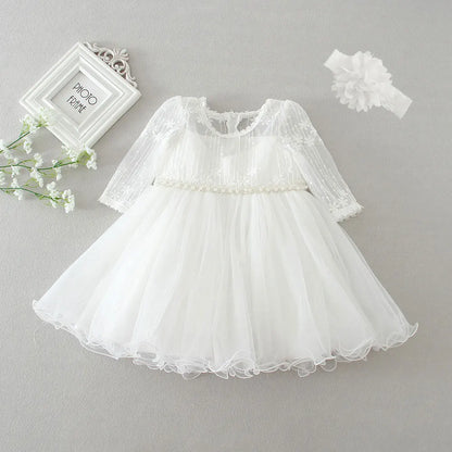 Baby Baptism Gown for Girls with Long Sleeves, Lace Details and Cotton Lining, Dress and Cap Set for Christening and First Birthday Photos