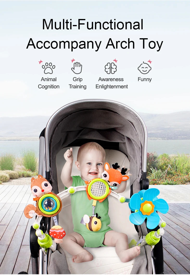Adjustable Baby Activity Arch with Clamp-On Animal Toys, Colorful Stroller Play Bar for Supervised Sensory Exploration and Baby Shower Gifts