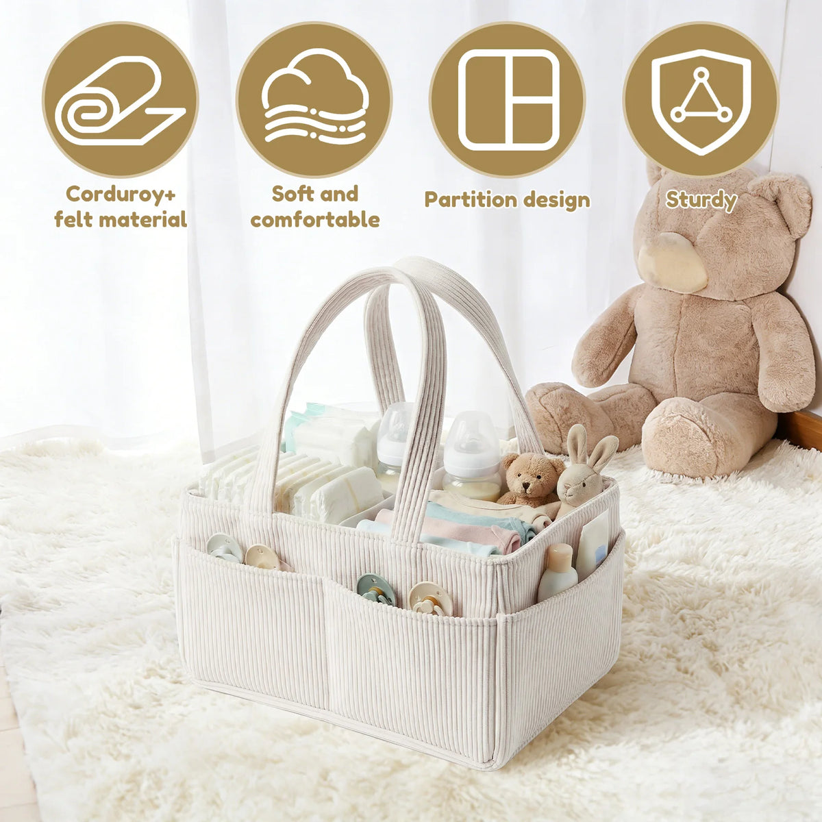 Portable Diaper Caddy Basket in Beige Corduroy with Dividers, Multiple Pockets and Carry Handles for Nursery Organization and Baby Changing Supplies