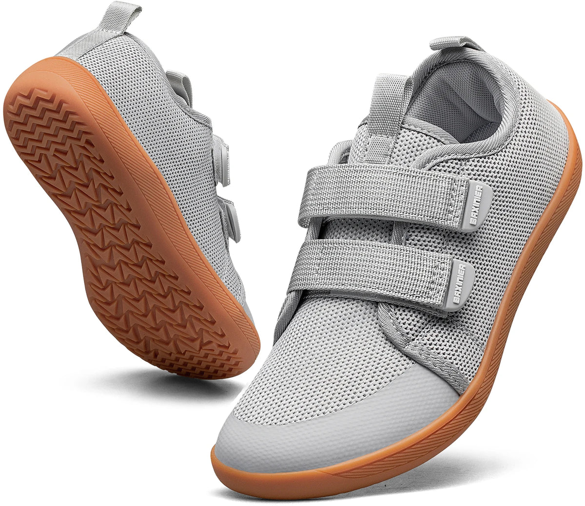 Kids Barefoot-Style Mesh Sneakers with Wide Toe and Double-Strap Fastening, Breathable Knitted Casual Walking Shoes in Gray, Black or Blue for Boys and Girls
