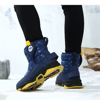 Snowflake Print Kids Winter Boots with Padded Shafts, Pull Tabs and Chunky Tread Soles, Pink Snow-Style Footwear for Boys and Girls