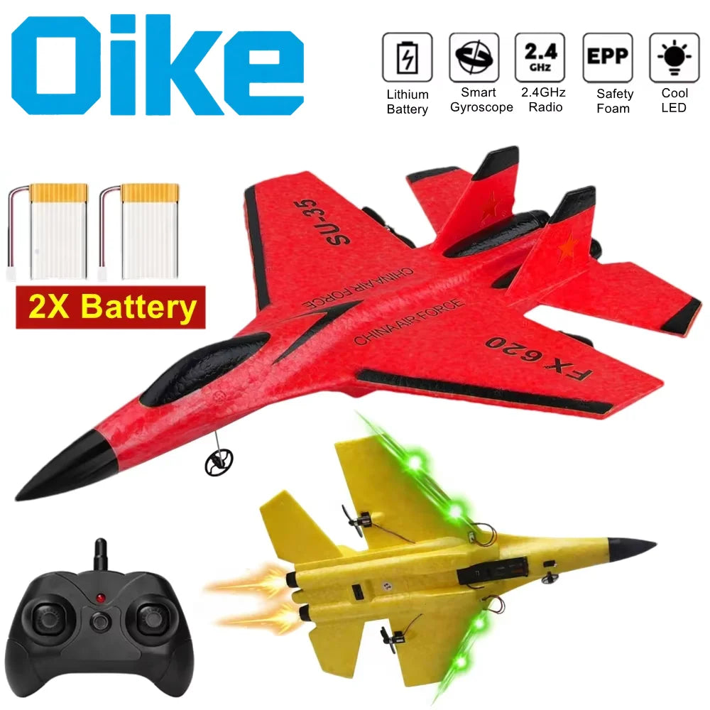 RC Airplane SU35 Fighter, Oike EPP Foam Plane with 2.4 GHz Control, Gyroscope and LED Lights for Outdoor Flying, One or Two Battery Options