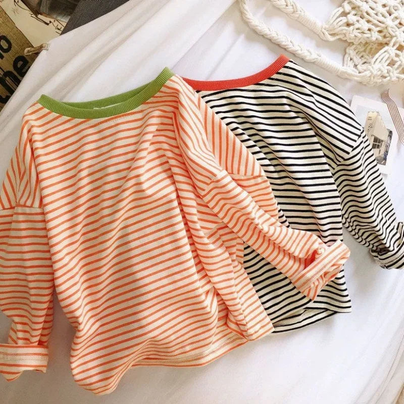Toddler Striped Long Sleeve Shirt with Contrast Crewneck, Relaxed Fit Black or Orange Tee for Boys and Girls, Baby Sizes 9-12M to 5T