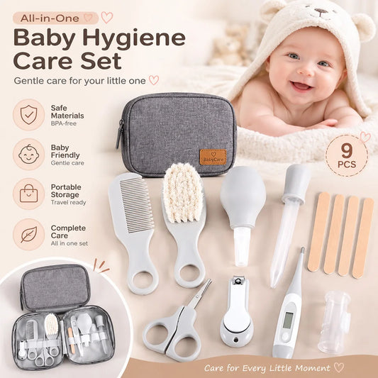 Baby Hygiene Travel Kit, 9-Piece Grooming Set with Nail Clipper, Hair Brush, Comb and Thermometer in a Gray Zippered Case for New Parents