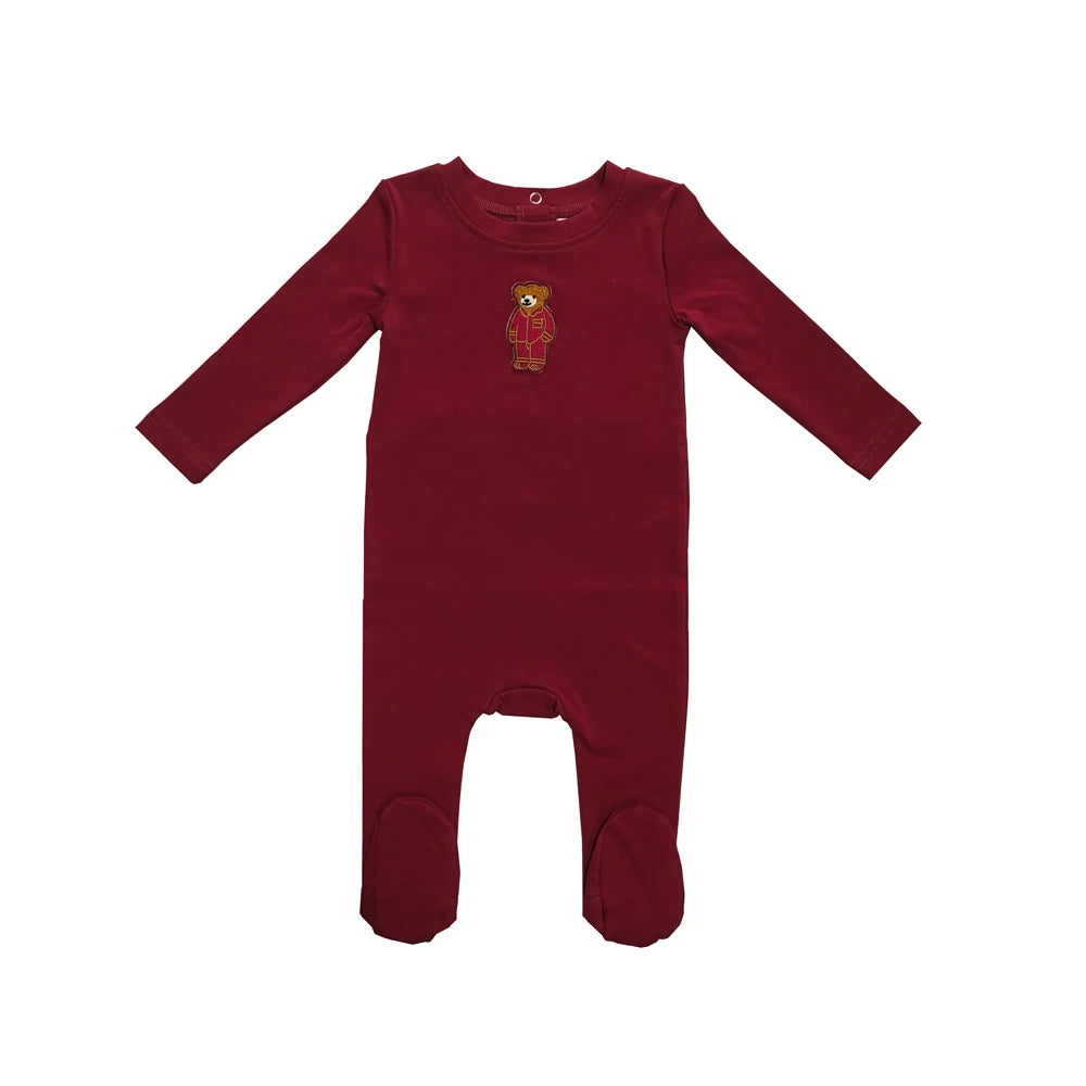 Kids Button Front Loungewear with Teddy Bear Motif, Long Sleeve Shirt and Pants Sets, Dress and Baby Romper Options in Blue, Pink and Red