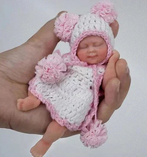 Mini Silicone Reborn Girl Doll, 4.5-Inch Sleeping Micro Preemie with Hand-Painted Lips and Nail Details, Clothing Set and Doll Birth Certificate