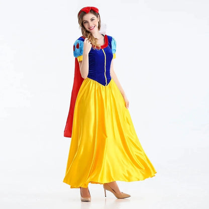 Snow White Costume for Women with Blue Bodice, Yellow Long Skirt and Puff Sleeves, Adult Princess Dress for Halloween and Fairy Tale Cosplay