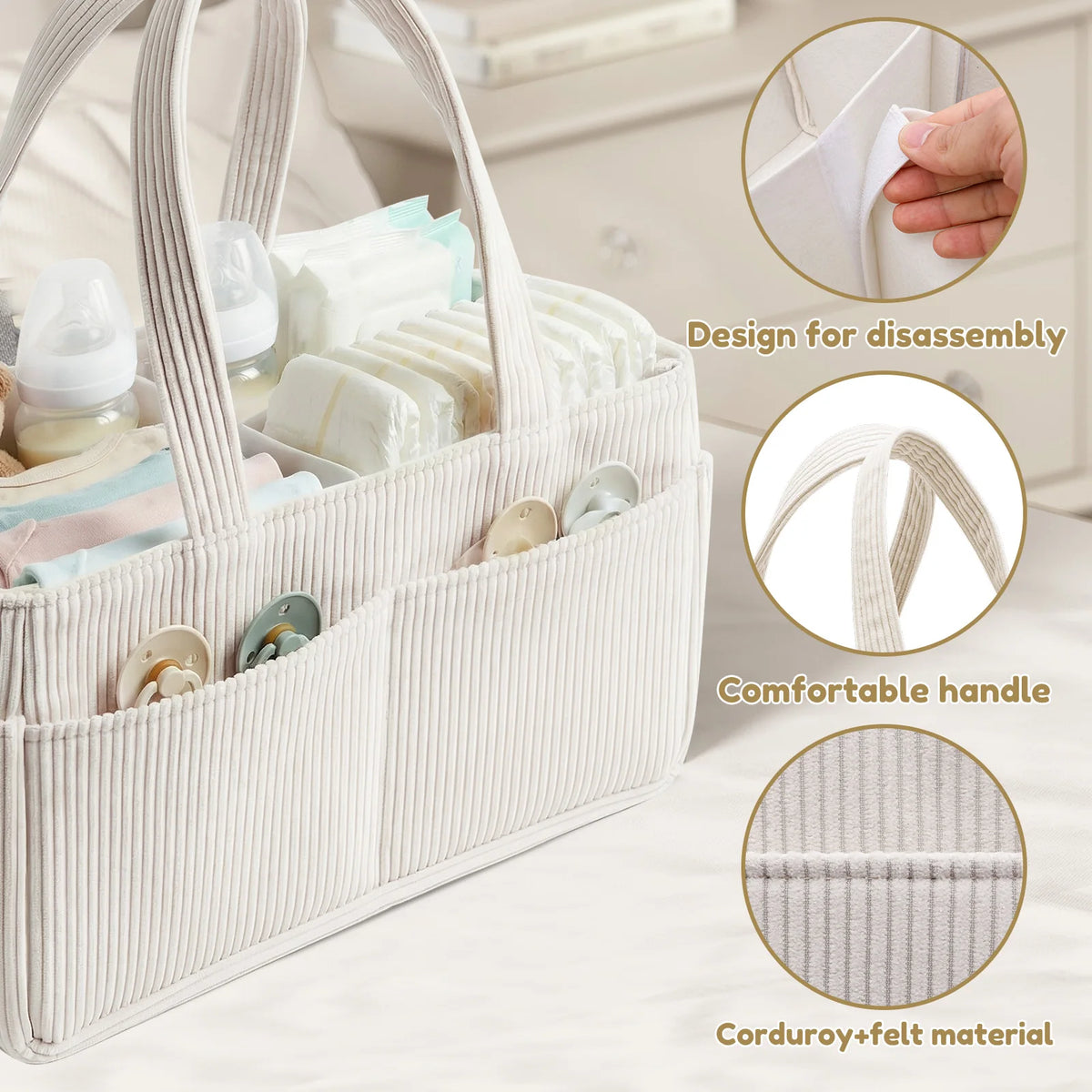 Portable Diaper Caddy Basket in Beige Corduroy with Dividers, Multiple Pockets and Carry Handles for Nursery Organization and Baby Changing Supplies