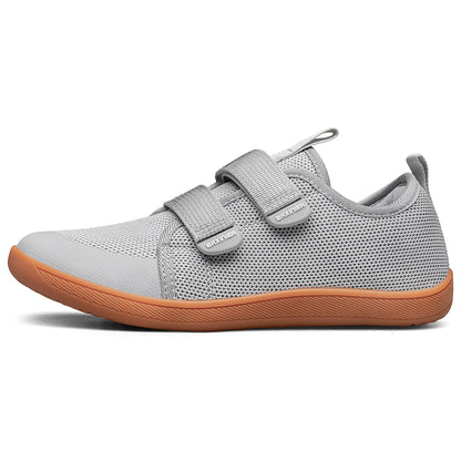 Kids Barefoot-Style Mesh Sneakers with Wide Toe and Double-Strap Fastening, Breathable Knitted Casual Walking Shoes in Gray, Black or Blue for Boys and Girls