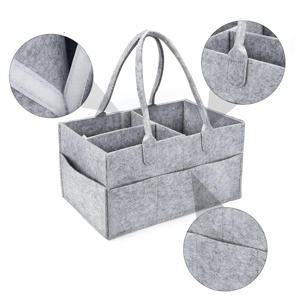 Felt Diaper Caddy with Carry Handles and Outer Pockets, Large-Capacity Baby Storage Organizer for Nursery Essentials, Diapers and Toys