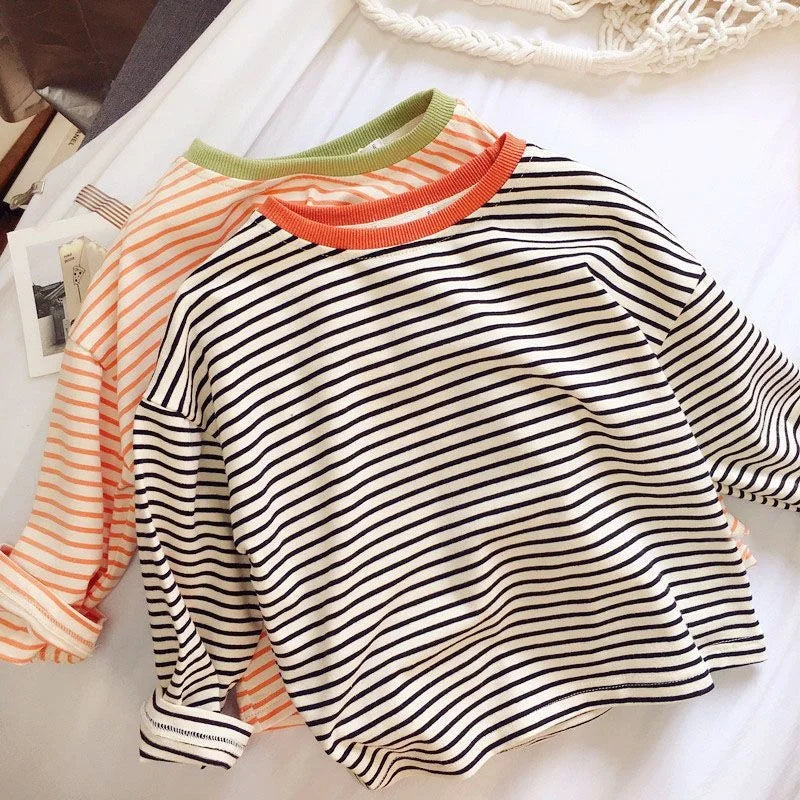 Toddler Striped Long Sleeve Shirt with Contrast Crewneck, Relaxed Fit Black or Orange Tee for Boys and Girls, Baby Sizes 9-12M to 5T