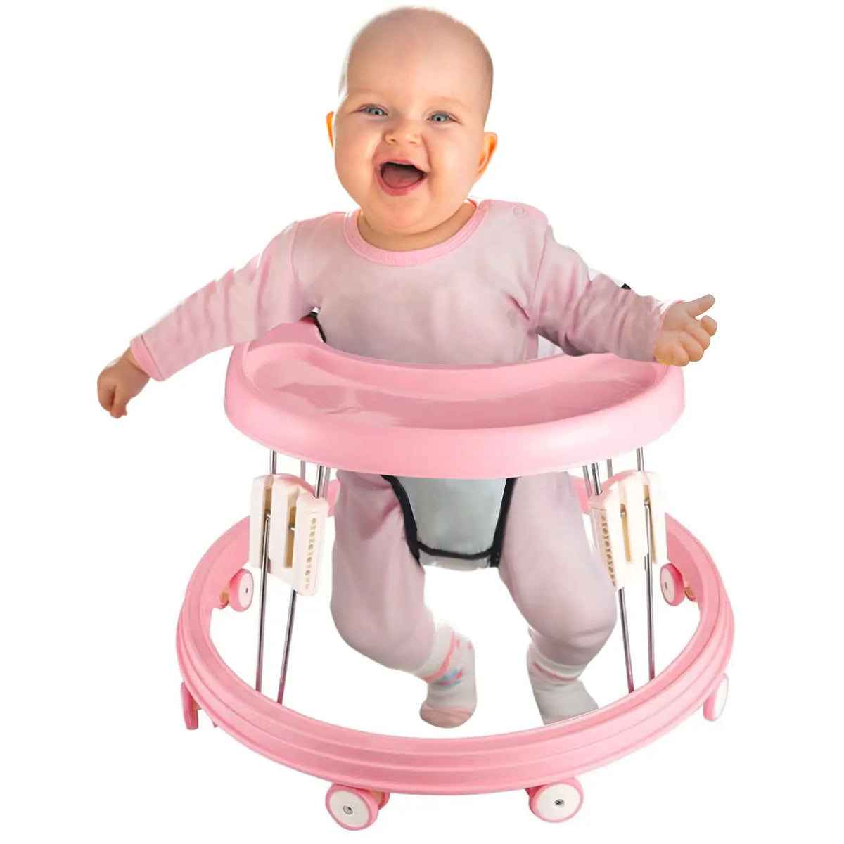 Foldable Seated Baby Walker in Pink with 5 Height Settings, Circular Wheeled Base, Tray and Seat for Indoor Use with Adult Supervision