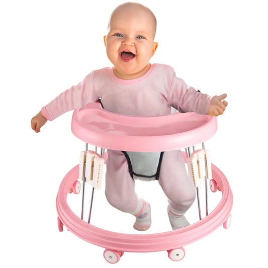 Foldable Seated Baby Walker in Pink with 5 Height Settings, Circular Wheeled Base, Tray and Seat for Indoor Use with Adult Supervision
