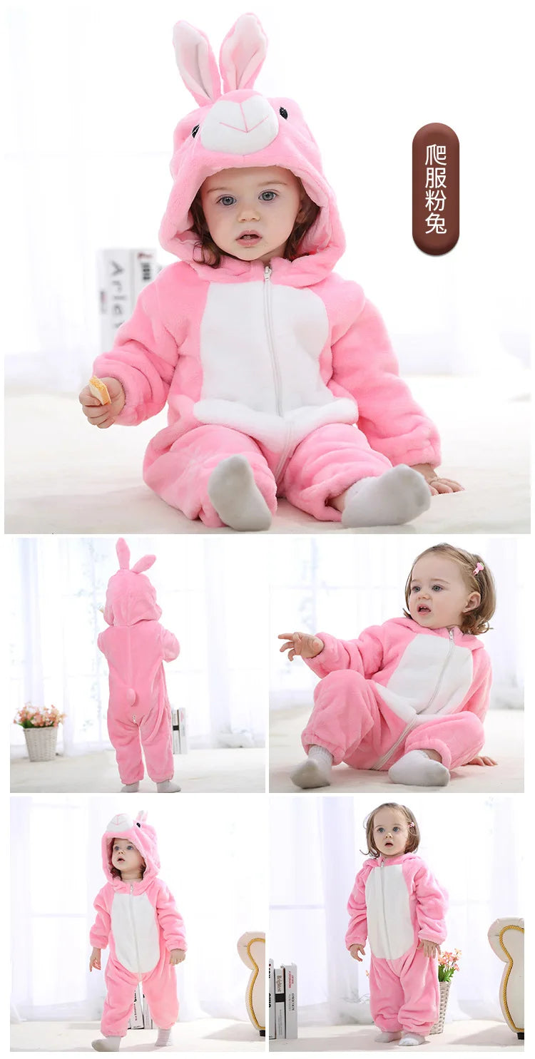 Baby Animal Hooded Costume Jumpsuit with Flannel Styling, Duck, Rabbit, Leopard and More Dress-Up Options for Boys and Girls, Sizes 70-120