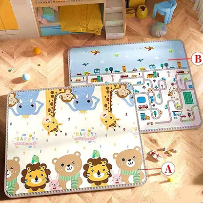 Double-Sided Baby Floor Mat with Animal and Scene Prints, Foldable Foam Crawling Rug in Five Size and Thickness Options for Supervised Play