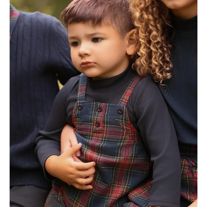 Navy Tartan Sibling Matching Outfits, 100% Cotton Plaid Jumper Dresses, Teen Skirts, Baby Rompers and Coordinating Boys and Girls Tops