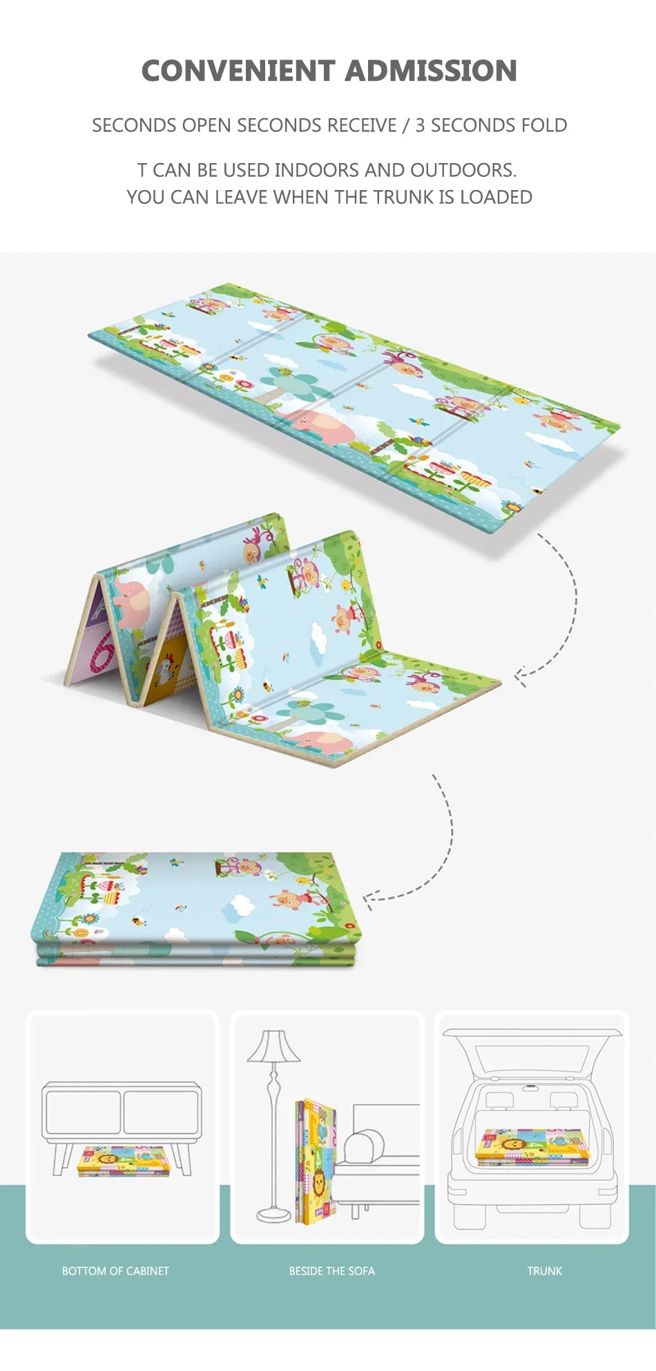 Foldable Baby Activity Mat with Double-Sided Prints, LDPE Padded Wipe-Clean Floor Surface and Carry Bag for Supervised Tummy Time and Toddler Play