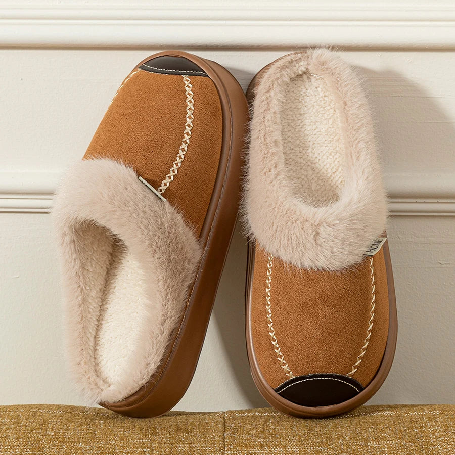 Plush Lined House Slippers with Thick Soles and Decorative Stitching, Cozy Slip-On Indoor Home Shoes in Brown, Beige or Black, Sizes 36-45