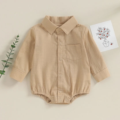 Baby Boy Collared Romper with Long Sleeves, Chest Pocket and Snap Front, Solid Color Cotton Blend Gentleman Outfit for Photos, 0-24 Months